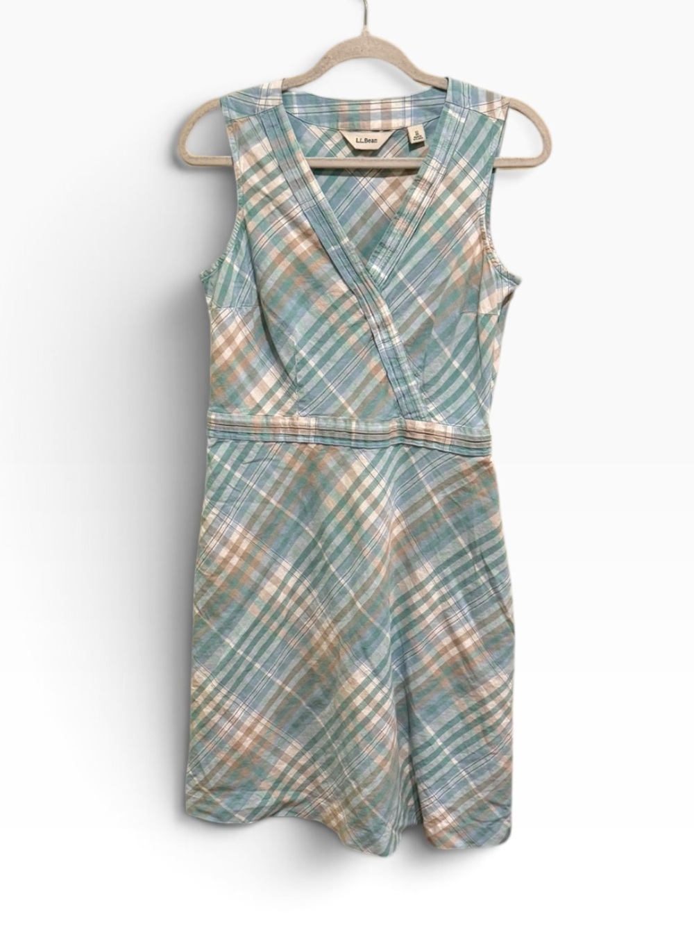L.L.Bean Sage Green Plaid Linen Cotton Sleeveless V-Neck Dress Sz 12